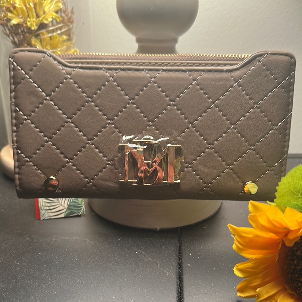 Badgley Mischka Brown Quilted Wallet with Metallic Emblem